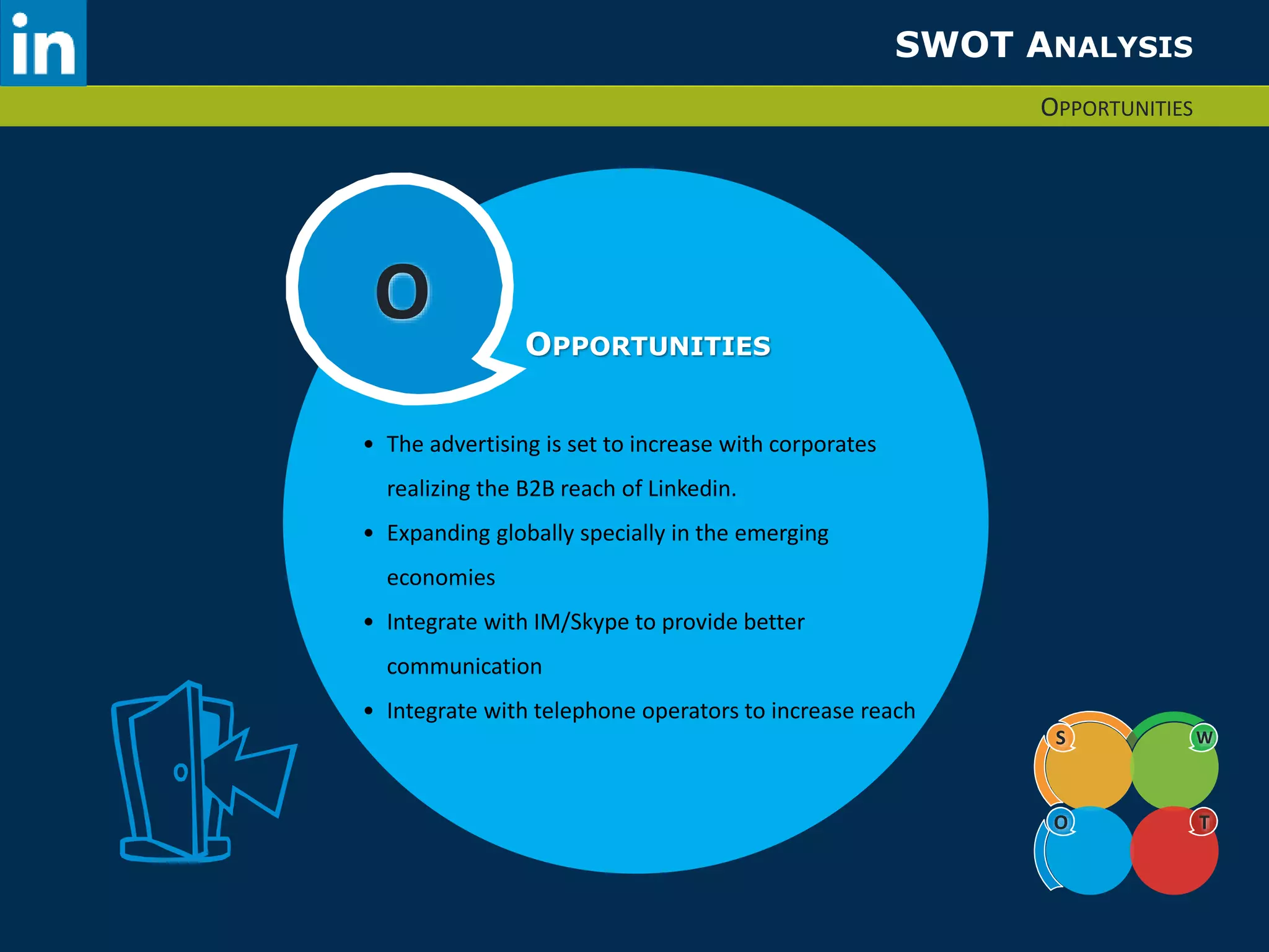 O 
SWOT ANALYSIS 
OPPORTUNITIES 
S W 
O T 
OPPORTUNITIES 
• The advertising is set to increase with corporates 
realizing the B2B reach of Linkedin. 
• Expanding globally specially in the emerging 
economies 
• Integrate with IM/Skype to provide better 
communication 
• Integrate with telephone operators to increase reach 
 