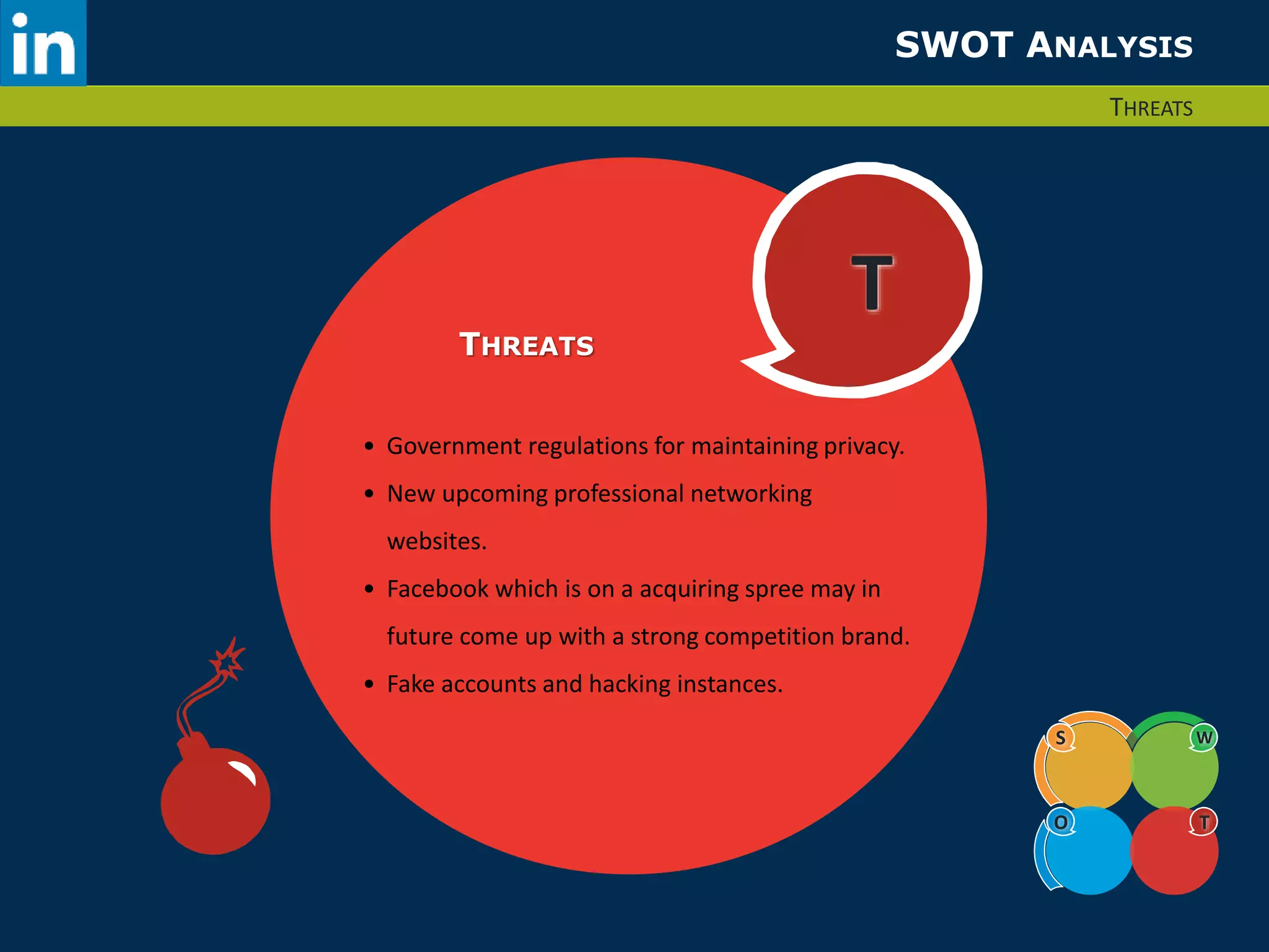 T 
SWOT ANALYSIS 
THREATS 
S W 
O T 
THREATS 
• Government regulations for maintaining privacy. 
• New upcoming professional networking 
websites. 
• Facebook which is on a acquiring spree may in 
future come up with a strong competition brand. 
• Fake accounts and hacking instances. 
 