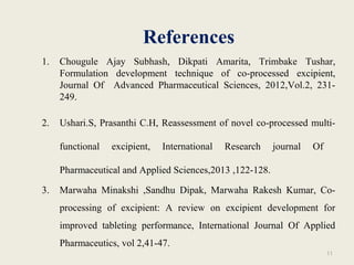 References
1. Chougule Ajay Subhash, Dikpati Amarita, Trimbake Tushar,
Formulation development technique of co-processed excipient,
Journal Of Advanced Pharmaceutical Sciences, 2012,Vol.2, 231-
249.
2. Ushari.S, Prasanthi C.H, Reassessment of novel co-processed multi-
functional excipient, International Research journal Of
Pharmaceutical and Applied Sciences,2013 ,122-128.
3. Marwaha Minakshi ,Sandhu Dipak, Marwaha Rakesh Kumar, Co-
processing of excipient: A review on excipient development for
improved tableting performance, International Journal Of Applied
Pharmaceutics, vol 2,41-47.
11
 
