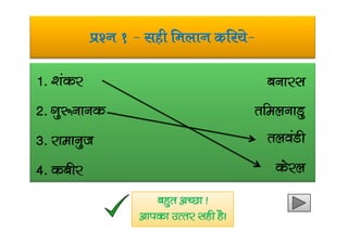 iz’u 1 & lgh feyku dfj;s&
1- ‘kadj
2- xq:ukud
cukjl
rfeyukMq
3- jkekuqt
4- dchj
ryoaMh
dsjy
cgqr vPNk !
vkidk mRrj lgh gSA
 