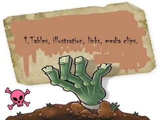 1.Tables, illustration, links, media clips.
 