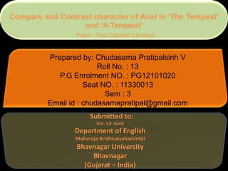 Paper : Post Colonial Literature

Prepared by: Chudasama Pratipalsinh V
Roll No. : 13
P.G Enrolment NO. : PG12101020
Seat NO. : 11330013
Sem : 3
Email id : chudasamapratipal@gmail.com
Submitted to:
Smt. S.B. Gardi

Department of English
Maharaja Krishnakumarsinhji

Bhavnagar University
Bhavnagar
(Gujarat – India)

 