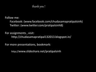 thank you !
Follow me:
Facebook: (www.facebook.com/chudasamapratipalsinh)
Twitter: (www.twitter.com/pratipalsinh8)
For assignments , visit:
http://chudasamapratipal132013.blogspot.in/
For more presentations, bookmark:
http://www.slideshare.net/pratipalsinh