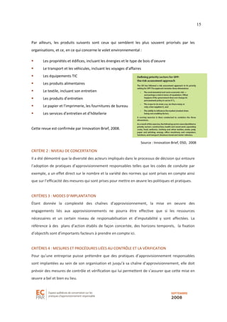 15
Par ailleurs, les produits suivants sont ceux qui semblent les plus souvent priorisés par les
organisations, et ce, en ce qui concerne le volet environnemental :
Les propriétés et édifices, incluant les énergies et le type de bois d’oeuvre
Le transport et les véhicules, incluant les voyages d’affaires
Les équipements TIC
Les produits alimentaires
Le textile, incluant son entretien
Les produits d’entretien
Le papier et l’imprimerie, les fournitures de bureau
Les services d’entretien et d’hôtellerie
Cette revue est confirmée par Innovation Brief, 2008.
CRITÈRE 2 : NIVEAU DE CONCERTATION
Il a été démontré que la diversité des acteurs impliqués dans le processus de décision qui entoure
l’adoption de pratiques d’approvisionnement responsables telles que les codes de conduite par
exemple, a un effet direct sur le nombre et la variété des normes qui sont prises en compte ainsi
que sur l’efficacité des mesures qui sont prises pour mettre en œuvre les politiques et pratiques.
CRITÈRES 3 : MODES D’IMPLANTATION
Étant donnée la complexité des chaînes d’approvisionnement, la mise en oeuvre des
engagements liés aux approvisionnements ne pourra être effective que si les ressources
nécessaires et un certain niveau de responsabilisation et d’imputabilité y sont affectées. La
référence à des plans d’action établis de façon concertée, des horizons temporels, la fixation
d’objectifs sont d’importants facteurs à prendre en compte ici.
CRITÈRES 4 : MESURES ET PROCÉDURES LIÉES AU CONTRÔLE ET LA VÉRIFICATION
Pour qu’une entreprise puisse prétendre que des pratiques d’approvisionnement responsables
sont implantées au sein de son organisation et jusqu’à sa chaîne d’approvisionnement, elle doit
prévoir des mesures de contrôle et vérification qui lui permettent de s’assurer que cette mise en
œuvre a bel et bien eu lieu.
Source : Innovation Brief, DSD, 2008
 