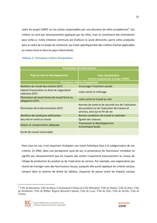 31
cadre du projet CARPE sur les achats responsables par une douzaine de villes européennes5
. Ces
critères ne sont pas nécessairement appliqués par les villes, mais ils constituent des orientations
pour celles-ci. Cette initiative commune est d’ailleurs la seule démarche, parmi celles analysées
dans le cadre de ce projet de recherche, qui traite spécifiquement des critères d’achat applicables
au niveau local et dans les pays industrialisés.
Tableau 3 : Principaux critères d’acquisition
Provenance des fournisseurs
Pays en voie de développement Pays industrialisés
(critères proposés par le projet CARPE)
Principaux critères d’acquisition
Abolition du travail des enfants (OIT) Encourager l’insertion sociale
Liberté d'association et droit de négociation
collective (OIT)
Lutte contre le chômage
Élimination de toute forme de travail forcé ou
obligatoire (OIT)
Lutte contre le travail au noir
Élimination de la discrimination (OIT)
Normes de santé et de sécurité lors de l’utilisation
des produits ou de l’exécution de travaux et
services, ainsi qu’en fin de vie
Abolition des pratiques avilissantes Bonnes conditions de travail et salariales
Sécurité et santé au travail Égalité des chances
Salaire et compensation adéquate
Promouvoir le développement
économique locale
Durée de travail raisonnable
Dans tous les cas, il est important d’adopter une vision holistique face à la catégorisation de ces
critères. En effet, dans une perspective cycle de vie, la provenance du fournisseur immédiat ne
signifie pas nécessairement que les impacts des achats s’expriment exclusivement au niveau de
l’étape de production du produit ou de l’exécution du service. Par exemple, une organisation qui
choisit de transiger avec des fournisseurs locaux, auxquels elle aurait appliqué les critères sociaux
compris dans la colonne de droite du tableau, risquerait de passer outre les impacts sociaux
5
Ville de Barcelone, Ville de Bonn, Communauté Urbaine de Lille Métropole, Ville de Nantes, Ville de Paris, Ville
de Stockholm, Ville de Bilbao, Région Bruxelle-Capitale, Ville de Lyon, Ville de Oslo, Ville de Séville, Ville de
Vienne.
 