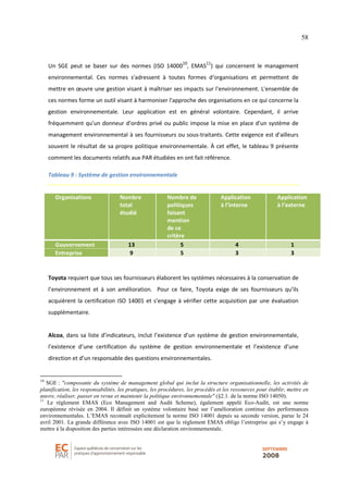 58
Un SGE peut se baser sur des normes (ISO 14000
10
, EMAS
11
) qui concernent le management
environnemental. Ces normes s'adressent à toutes formes d‘organisations et permettent de
mettre en œuvre une gestion visant à maîtriser ses impacts sur l'environnement. L'ensemble de
ces normes forme un outil visant à harmoniser l'approche des organisations en ce qui concerne la
gestion environnementale. Leur application est en général volontaire. Cependant, il arrive
fréquemment qu'un donneur d'ordres privé ou public impose la mise en place d'un système de
management environnemental à ses fournisseurs ou sous-traitants. Cette exigence est d'ailleurs
souvent le résultat de sa propre politique environnementale. À cet effet, le tableau 9 présente
comment les documents relatifs aux PAR étudiées en ont fait référence.
Tableau 9 : Système de gestion environnementale
Organisations Nombre
total
étudié
Nombre de
politiques
faisant
mention
de ce
critère
Application
à l’interne
Application
à l’externe
Gouvernement 13 5 4 1
Entreprise 9 5 3 3
Toyota requiert que tous ses fournisseurs élaborent les systèmes nécessaires à la conservation de
l’environnement et à son amélioration. Pour ce faire, Toyota exige de ses fournisseurs qu’ils
acquièrent la certification ISO 14001 et s’engage à vérifier cette acquisition par une évaluation
supplémentaire.
Alcoa, dans sa liste d’indicateurs, inclut l’existence d’un système de gestion environnementale,
l’existence d’une certification du système de gestion environnementale et l’existence d’une
direction et d’un responsable des questions environnementales.
10
SGE : "composante du système de management global qui inclut la structure organisationnelle, les activités de
planification, les responsabilités, les pratiques, les procédures, les procédés et les ressources pour établir, mettre en
œuvre, réaliser, passer en revue et maintenir la politique environnementale" (§2.1. de la norme ISO 14050).
11
Le règlement EMAS (Eco Management and Audit Scheme), également appelé Eco-Audit, est une norme
européenne révisée en 2004. Il définit un système volontaire basé sur l’amélioration continue des performances
environnementales. L’EMAS reconnaît explicitement la norme ISO 14001 depuis sa seconde version, parue le 24
avril 2001. La grande différence avec ISO 14001 est que le règlement EMAS oblige l’entreprise qui s’y engage à
mettre à la disposition des parties intéressées une déclaration environnementale.
 