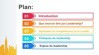 Plan:
01 Introduction
02 Que veut-on dire par Leadership?
03 Aptitudes et compétences d’un Leader
04 Pratiques du leadership
05 Enjeux du leadership
 