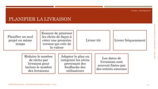 SECTION5:PRATIQUESDEPLANIFICATION
COURS 5 : PRATIQUER XP
PLANIFIER LA LIVRAISON
104
Planifier un seul
projet en même
temps
Essayer de prioriser
les récits de façon à
créer une première
version qui crée de
la valeur
Livrer tôt Livrer fréquemment
Réduire le nombre
de récits par
livraison pour
inclure le nombre
des livraisons
Adapter le plan en
intégrant les récits
provenant des
feedbacks des
utilisateurs
Les dates de
livraisons sont
souvent fixées par
des entités externes
MÉTHODES AGILES | MOSTEFAI MOHAMMED AMINE | © 2018
 