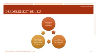 SECTION5:PRATIQUESDEPLANIFICATION
COURS 5 : PRATIQUER XP
DÉROULEMENT DU JEU
113
Des récits
sont
proposés
Les
développeurs
estiment les
récits
Les clients
classent les
récits selon
leur priorité
MÉTHODES AGILES | MOSTEFAI MOHAMMED AMINE | © 2018
 