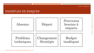 SECTION5:PRATIQUESDEPLANIFICATION
COURS 5 : PRATIQUER XP
EXEMPLES DE RISQUES
117
Absence Départ
Nouveaux
besoins à
impacts
Problème
techniques
Changement
Stratégie
Budget
inadéquat
MÉTHODES AGILES | MOSTEFAI MOHAMMED AMINE | © 2018
 