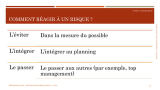 SECTION5:PRATIQUESDEPLANIFICATION
COURS 5 : PRATIQUER XP
COMMENT RÉAGIR À UN RISQUE ?
118
L’éviter Dans la mesure du possible
L’intégrer L’intégrer au planning
Le passer Le passer aux autres (par exemple, top
management)
MÉTHODES AGILES | MOSTEFAI MOHAMMED AMINE | © 2018
 