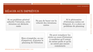 SECTION5:PRATIQUESDEPLANIFICATION
COURS 5 : PRATIQUER XP
RÉAGIR AUX IMPRÉVUS
124
Si un problème général
saborde l’’itération, cette
itération est déclarée
ratée
Ne pas de baser sur la
vélocité des itérations
ratées
Si le phénomène
d’itérations ratées est
fréquent, il y a alors un
problème de planning
Rien n’empêche, en cas
d’imprévus, d’ajuster le
planning de l’itération
On peut remplacer les
récits en cours d’itération
à condition qu’il soient
du même poids et qu’ils
ne soient pas encore
commencés
MÉTHODES AGILES | MOSTEFAI MOHAMMED AMINE | © 2018
 