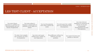 SECTION6:PRATIQUESDEDÉVELOPPEMEBNT
COURS 5 : PRATIQUES AGILES
LES TEST CLIENT - ACCEPTATION
131
Les tests clients
décrivent et valident les
fonctionnalités qui ont
besoin d’explication
Les tests aident à
l’équipe à comprendre le
domaine et les règles du
métier
Les tes d’acceptation
sont créés à partir des
récits
Un récit peut être validé
par un ou plusieurs tests
d’acceptation
Les tests doivent
impliquer le minimum de
travail. Il est très
recommandé
d’automatiser les tests
d’acceptation
Un récit n’est complet
que s’il passe ses tests
d’ acceptation
Les tests sont aussi
utilisés pour vérifier la
non-régression
De préférence utiliser les
tableaux qui sont
parlants
Les scores de tests sont
publiés et discutés
MÉTHODES AGILES | MOSTEFAI MOHAMMED AMINE | © 2018
 