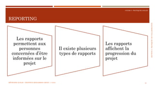 SECTION2:PRATIQUESDECOLLABORATION
COURS 5 : PRATIQUES AGILES
REPORTING
45
Les rapports
permettent aux
personnes
concernées d’être
informées sur le
projet
Il existe plusieurs
types de rapports
Les rapports
affichent la
progression du
projet
MÉTHODES AGILES | MOSTEFAI MOHAMMED AMINE | © 2018
 