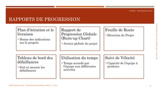 SECTION2:PRATIQUESDECOLLABORATION
COURS 5 : PRATIQUES AGILES
RAPPORTS DE PROGRESSION
46
Plan d’itération et le
livraison
•Donne des indications
sur le progrès
Rapport de
Progression Globale
(Burn-up Chart)
•Avance globale du projet
Feuille de Route
•Direction du Projet
Tableau de bord des
défaillances
•Suit et mesure les
défaillances
Utilisation du temps
•Temps accordé par
l’équipe aux différentes
activités
Suivi de Vélocité
•Capacité de l’équipe à
produire
MÉTHODES AGILES | MOSTEFAI MOHAMMED AMINE | © 2018
 