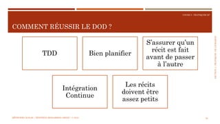 SECTION4:PRATIQUESDELIVRAISON
COURS 5 : PRATIQUER XP
COMMENT RÉUSSIR LE DOD ?
58
TDD Bien planifier
S’assurer qu’un
récit est fait
avant de passer
à l’autre
Intégration
Continue
Les récits
doivent être
assez petits
MÉTHODES AGILES | MOSTEFAI MOHAMMED AMINE | © 2018
 