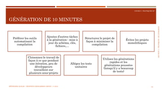 SECTION4:PRATIQUESDELIVRAISON
COURS 5 : PRATIQUER XP
GÉNÉRATION DE 10 MINUTES
64
Préférer les outils
automatisant la
compilation
Ajoutez d’autres tâches
à la génération : mise à
jour du schéma, clés,
fichiers,…
Structurez le projet de
façon à minimiser la
compilation
Évitez les projets
monolithiques
Cloisonnez le travail de
façon à ce que pendant
une itération, peu de
développeurs
travaillent sur
plusieurs sous-projets
Allégez les tests
unitaires
Utilisez les générations
rapides et les
générations poussées
(lorsqu’il y a beaucoup
de tests)
MÉTHODES AGILES | MOSTEFAI MOHAMMED AMINE | © 2018
 