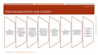SECTION2:PRATIQUESD’ORGANISATION
PRATIQUES AGILES
PROGRAMMATION PAR PAIRES
MÉTHODES AGILES | MOSTEFAI MOHAMMED AMINE | © 2018 7
Deux
programmeurs
partagent le
même poste
Une personne
code « le
conducteur »,
l’autre appelée
« navigateur »
observe et
réfléchit
Le conducteur
se concentre
sur le code
tandis que le
navigateur sur
une vision plus
globale
Le travail en
binôme ne se
retreint pas au
codage, mais
peut s’étendre
aux tests
Il est
recommandé de
changer les
binômes à
travers les
journées
Il est
recommandé de
réfléchir à
haute voix
Le navigateur
doit privilégier
la réflexion à
l’interruption
Le navigateur
et le
conducteurs
doivent
échanger leur
rôles
fréquemment
 