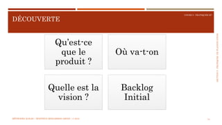 SECTION5:PRATIQUESDEPLANIFICATION
COURS 5 : PRATIQUER XP
DÉCOUVERTE
74
Qu’est-ce
que le
produit ?
Où va-t-on
Quelle est la
vision ?
Backlog
Initial
MÉTHODES AGILES | MOSTEFAI MOHAMMED AMINE | © 2018
 