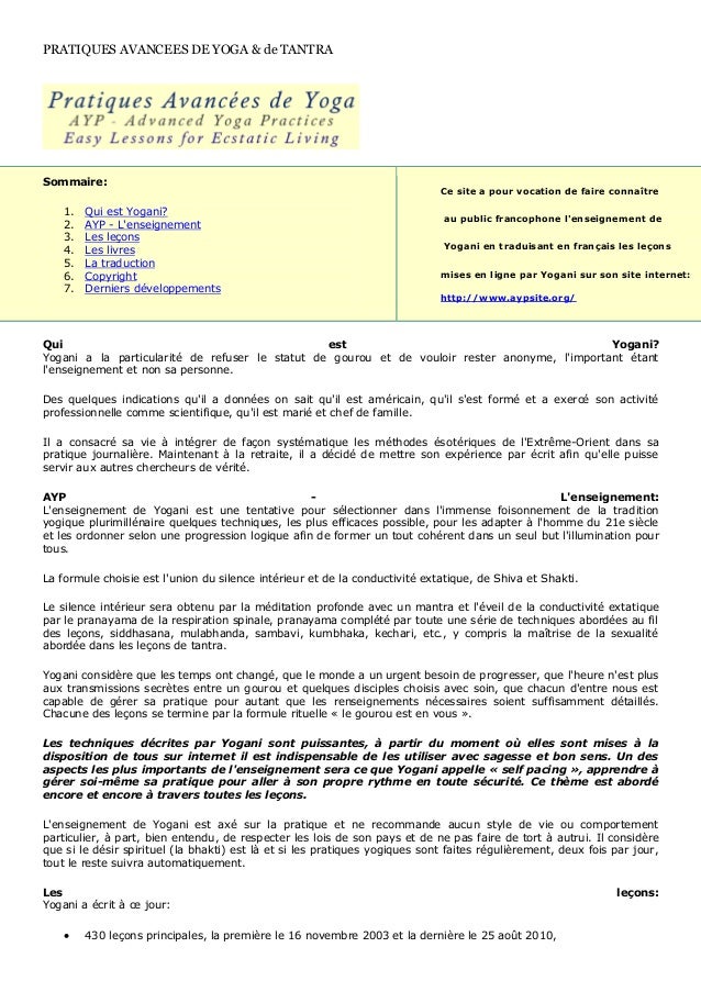 Pratiques Avancees De Yoga De Tantra Yogani