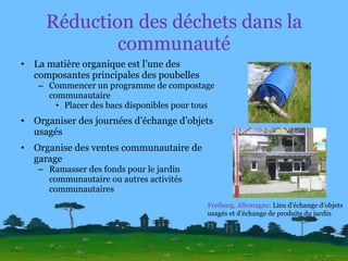Réduction des déchets dans la communauté La matière organique est l’une des composantes principales des poubelles Commencer un programme de compostage communautaire Placer des bacs disponibles pour tous Organiser des journées d’échange d’objets usagés Organise des ventes communautaire de garage Ramasser des fonds pour le jardin communautaire ou autres activités communautaires Freiburg, Allemagne:  Lieu d’échange d’objets usagés et d’échange de produits du jardin 
