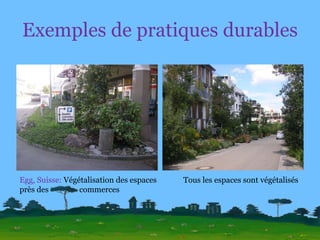 Exemples de pratiques durables Tous les espaces sont végétalisés Egg, Suisse:  Végétalisation des espaces près des  commerces 