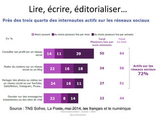 Etude de cas :
Twitter et les agences de presse
• Comment la pratique du micro-blogging a
impacté le journalisme et la fonction des
agences de presse
• Visionner le documentaire « vers un monde
sans papier » diffusé sur Arte en 2012
- de 42mn30 à 43mn30
Noël Uguen, UHB 2016-2017, cours "pratiques
informationnelles", master 1 Meef documentation
 