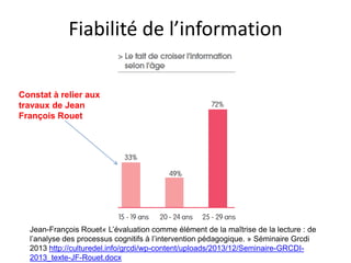 Les pratiques numériques
des jeunes
• De nouvelles formes de socialisation
– Travaux d’Elisabeth Schneider
• Caractéristiques des pratiques informationnelles
– Un accès régulier à Internet pour rechercher
l’information
– L’usage croissant du smartphone pour s’informer
– faible qualité de leurs stratégies informationnelles
– Peu d’évaluation qualitative de l’information
 