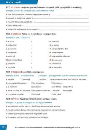 14 • Le travail
417. S'EXERCER Indiquez quel est le service concerné: DRH, comptabilité, marketing.
Exemple : recevoir des candidats pour un recrutement ➔ DRH
a. faire de la promotion commerciale pour l'entreprise ➔ ..............................................................................................................
b. préparer le bulletin de salaire ➔ ...............................................................................................................................................................
. . d d .
c. 1mag1ner e nouveaux pro u1ts ➔ ............................................................................................................................................................
d. payer les factures ➔ ..........................................................................................................................................................................................
e. embaucher ou licencier du personnel ➔ ..............................................................................................................................................
418. S'EXERCER Reliez les éléments qui correspondent.
Exemple : le SMIC ➔ un salaire
a. le P.D.G. • • 1. un travail
b. embaucher • • 2. le patron
c. la publicité • • 3. les questions de droit
d. une équipe • • 4. une entreprise
e. un congé • • 5. un groupe de collègues
f. le service juridique • • 6. des vacances
g. un boulot • • 7. un candidat
h. une boîte • • 8. le marketing
419. S'EXERCER Cochez la bonne réponse.
Exemple :Je fais 12:1 une formation □ un cadre pour apprendre à utiliser cette nouvelle machine.
a. Il prend □ un congé □ un poste la semaine prochaine pour partir en vacances.
b. La comptabilité prépare □ les formations. □ les factures.
c. Ils reçoivent □ un salaire □ un travail chaque mois.
d. Notre situation est mauvaise, □ nous devons licencier □ recruter
e. Le syndicat organise □ un congé. □ une grève.
420. RÉVISER Rayez les éléments qui ne sont pas exacts.
Exemple : Un groupe de collègues est une équipe/UR cadFe.
a. Nous allons travailler dans la chambre de réunion/salle de réunion.
3 employés.
b. Nous travaillons dans la même entreprise, nous sommes clients/collègues.
c. On fabrique nos produits dans ce stage/cette usine.
d. Je travaille sous ses ordres, c'est mon chef/collègue.
© CLE International -Avec l'autorisation des Éditions CLE International dans le cadre de la continuité pédagogique, COVD-19
 