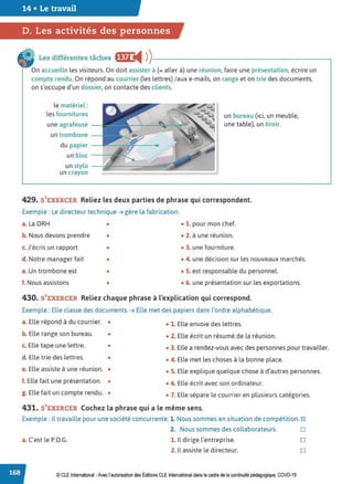 14 • Le travail
D. Les activités des personnes
Les différentes tâches fIf) ◄ )
)----------------------~
On accueille les visiteurs. On doit assister à (= aller à) une réunion, faire une présentation, écrire un
compte rendu. On répond au courrier (les lettres) / aux e-mails, on range et on trie des documents,
on s'occupe d'un dossier, on contacte des clients.
le matériel :
les fournitures
une agrafeuse
un trombone
un bureau (ici, un meuble,
une table), un tiroir.
du papier ---~
un bloc - - ~ é{,"-~
un stylo
un crayon
429. S'EXERCER Reliez les deux parties de phrase qui correspondent.
Exemple : Le directeur technique➔ gère la fabrication.
a. La DRH • • 1. pour mon chef.
b. Nous devons prendre • • 2. à une réunion.
c. J'écris un rapport • • 3. une fourniture.
d. Notre manager fait • • 4. une décision sur les nouveaux marchés.
e. Un trombone est • • S. est responsable du personnel.
f. Nous assistons • • 6. une présentation sur les exportations.
430. S'EXERCER Reliez chaque phrase à l'explication qui correspond.
Exemple : Elle classe des documents. ➔ Elle met des papiers dans l'ordre alphabétique.
a. Elle répond à du courrier. • • 1. Elle envoie des lettres.
b. Elle range son bureau. • • 2. Elle écrit un résumé de la réunion.
c. Elle tape une lettre. • • 3. Elle a rendez-vous avec des personnes pour travailler.
d. Elle trie des lettres. • • 4. Elle met les choses à la bonne place.
e. Elle assiste à une réunion. • • S. Elle explique quelque chose à d'autres personnes.
f. Elle fait une présentation. • • 6. Elle écrit avec son ordinateur.
g. Elle fait un compte rendu. • • 7. Elle sépare le courrier en plusieurs catégories.
431. S'EXERCER Cochez la phrase qui a le même sens.
Exemple : Il travaille pour une société concurrente.1. Nous sommes en situation de compétition.~
2. Nous sommes des collaborateurs. D
a. C'est le P.D.G. 1. Il dirige l'entreprise. D
2. Il assiste le directeur. D
© CLE International -Avec l'autorisationdes Éditions CLEInternational dans le cadre dela continuité pédagogique, COVD-19
 