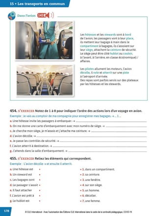 15 • Les transports en commun
Dans l'avion f§@j ◄ )
)
Les hôtesses et les stewards sont à bord
de l'avion, les passagers vont à leur place,
ils mettent leur bagage à main dans le
compartiment à bagages, ils s'assoient sur
leur siège, attachent la ceinture de sécurité.
Le siège peut être côté hublot ou couloir,
à l'avant, à l'arrière, en classe éco(nomique) /
affaires.
Les pilotes allument les moteurs, l'avion
décolle, il vole et atterrit sur une piste
à l'aéroport d'arrivée.
Des repas sont parfois servis sur des plateaux
par les hôtesses et les stewards.
454. S'EXERCER Notez de 1 à 8 pour indiquer l'ordre des actions lors d'un voyage en avion.
Exemple : Je vais au comptoir de ma compagnie pour enregistrer mes bagages. ➔ ... 1 ...
a.Une hôtesse invite les passagers à embarquer.➔ ...........................................................................................................................
b. On me donne une carte d'embarquement avec mon numéro de siège.➔ .......................................................................
c.Je cherche mon siège, je m'assois et j'attache ma ceinture.➔ ................................................................................................
d. L'avion décolle. ➔ ...............................................................................................................................................................................................
e. Je passe les contrôles de sécurité.➔ .......................................................................................................................................................
f. L'avion atterrit à destination.➔ ...................................................................................................................................................................
g. J'attends dans la salle d'embarquement.➔ ........................................................................................................................................
455. S'EXERCER Reliez les éléments qui correspondent.
Exemple : L'avion décolle➔ et ensuite il atterrit.
a. Une hôtesse est • • 1. dans un compartiment.
b. Un steward est • • 2. sa ceinture.
c. Les bagages sont • • 3. une fenêtre.
d. Le passager s'assoit • • 4. sur son siège.
e. Il faut attacher • • S. un homme.
f. L'avion est prêt à • • 6. décoller.
g. Le hublot est • • 7. une femme.
© CLE International -Avec l'autorisationdes Éditions CLEInternational dans le cadre dela continuité pédagogique, COVD-19
 