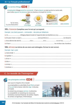 21 • Le français professionnel
Le service d'étage f!:;)◄ )
)
L'employé(e) d'étage prend la commande : il faut préparer un plat sucré et un autre salé,
puis il/elle apporte les plateaux dans la chambre, et remplit le minibar.
Sur le menu,
il y a le choix entre :
,..
un œuf
à la coque
un œuf
sur le plat
des œufs brouillés
595. S'EXERCER Complétez avec le mot qui correspond.
Exemple : Les clients peuvent ... commander ... des plats par téléphone.
une omelette
a. L'e.......................................... d'étage prépare le plat et l'apporte dans la chambre sur un p..............................................
b. On peut choisir un plats......................................................... (une quiche) ou s................................................... (un dessert).
c. Vous désirez des œufs b............................., à lac................................., en 0 ................................... ou sur le p.......................... ?
d. ll faut r .......................................................................................................................................................... les minibars des chambres.
596. RÉVISER Les lettres de ces mots sont mélangées. Écrivez le mot correct.
Exemple : tapl ➔ plat
a. mancomde ➔ ........................................................................................................................................................................................................
b. tupalae ➔ ................................................................................................................................................................................................................
c. écrus ➔ ......................................................................................................................................................................................................................
d. élas ➔ ........................................................................................................................................................................................................................
e. ecouq ➔ ....................................................................................................................................................................................................................
f. elotteme ➔ ..............................................................................................................................................................................................................
C. Le monde de l'entreprise
Les principales activités Il:jj i4 ))
(voir aussi le chapitre 14 Le travail)
Les employé{e)s ou salarié(e)s d'une filiale arrivent
à l'accueil de la maison mère {le siège : le bureau
principal).
Ils visitent les principaux services : la direction,
la comptabilité, le marketing, les ressources
humaines, le service financier, les ventes, l'export,
les achats, la logistique, l'informatique.
© CLE International -Avec l'autorisationdes Éditions CLEInternational dans le cadre dela continuité pédagogique, COVD-19
 