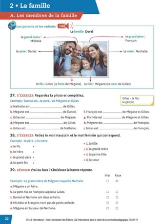 Les parents et les enfants or
◄ )
)---------------------.
La famille Duval
la grand-mère : ◄•'--------­ -------...,.,► le grand-père :
Michèle François
le père : Daniel ~ - - -
le fils :Gilles (le frère de Mégane) la fille : Mégane (la sœur de Gilles)
37. S'EXERCER Regardez la photo et complétez.
Exemple : Daniel est ...le père... de Mégane et Gilles.
a. Nathalie est ..................................................... de Gilles.
b. Mégane est ...................................................... de Daniel.
c. Gilles est ........................................................ de Mégane.
d. Mégane est ....................................................... de Gilles.
e. Gilles est ....................................................... de Nathalie.
Gilles= le fils/
le garçon
f. François est ............................... de Mégane et Gilles.
g. Michèle est .............................. de Mégane et Gilles.
h. Mégane est ................................................. de François.
i. Gilles est ........................................................ de François.
38. S'EXERCER Reliez le mot masculin et le mot féminin qui correspond.
Exemple : le père ➔ la mère
• 1. la fille
a. le fils •
b. le frère •
• 2. la grand-mère
c. le grand-père •
• 3. la petite-fille
• 4. la sœur
d. le petit-fils •
39. RÉVISER Vrai ou faux ?Choisissez la bonne réponse.
Exemple : La grand-mère de Mégane s'appelle Nathalie.
a. Mégane a un frère.
b. Le petit-fils de François s'appelle Gilles.
c. Daniel et Nathalie ont deux enfants.
d. Michèle et François n'ont pas de petits-enfants.
e. Mégane est la sœur de Nathalie.
Vrai Faux
D
D
D
D
D
~
D
D
D
D
© CLE International -Avec l'autorisationdes Éditions CLEInternational dans le cadre dela continuité pédagogique, COVD-19
 