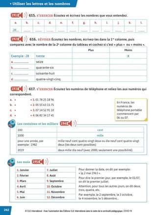 • Utiliser les lettres et les nombres
11WI i4 ))615. S'EXERCER Écoutez et écrivez les nombres que vous entendez.
a. b. C. d. e. f. g. h. i. j. k. L
,34 ....
11Sil} i4 )) 616. RÉVISER Écoutez les nombres, écrivez-les dans la 1re colonne, puis
comparez avec le nombre de la 2ecolonne du tableau et cochez si c'est « plus » ou « moins ».
Plus Moins
Exemple : 28 trente X
a. ...................... seize
b. ...................... quarante-six
c. ...................... soixante-huit
d. ..................... quatre-vingt-cinq
f@t i4 ))617. S'EXERCER Écoutez les numéros de téléphone et reliez-les aux numéros qui
correspondent.
a. • • 1. 01 78 25 18 96
b. •
c• •
d. •
• 2. 05 55 63 15 75
• 3. 07 14 52 9110
• 4. 06 82 3417 41
En France, les
numéros de
téléphone portable
commencent par
06 ou 07.
Les centaines et les milliers 11@1 i4 ))--------------------.
100 cent
1000 mille
pour une année, par mille neuf-cent quatre-vingt deux ou dix-neuf cent quatre-vingt
exemple: 1982 deux (les deux sont possibles)
2019 deux mille dix-neuf (avec 2000, seulement une possibilité).
Les mois fP).1 i4 ))---------------------------~
1. Janvier
2. Février
3. Mars
4. Avril
5. Mai
6. Juin
7. Juillet
8. Août
9. Septembre
10. Octobre
11. Novembre
12. Décembre
Pour donner la date, on dit par exemple:
« ~2 mai 1963 ».
Pour dire le premier jour, par exemple, le 01/07,
on dit le premier juillet.
Attention, pour tous les autres jours, on dit deux,
trois, quatre, etc.
Par exemple, le 2 septembre, le 3 octobre,
le 4 novembre, le 5 décembre...
© CLE International -Avec l'autorisationdes Éditions CLEInternational dans lecadre de la continuité pédagogique, COVD-19
 
