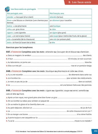 B. Les faux-amis
• Les faux-amis en portugais
1
Mot portugais, sens Mot français, sens
atender =s'occuper (d'un client) attendre (le bus)
blusa =une blouse un chemisier (une chemise pour un vêtement pour travailler
femme)
botica =une pharmacie une boutique
cidra =un gros citron le cidre
cigarro =une cigarette un cigare (plus gros)
copo =un verre (pour boire) une coupe (pour mettre des fruits, de la glace)
sola =la semelle (de la chaussure) une sole (un poisson plat)
teste = le front (à l'avant de la tête) la tête
Exercices pour les lusophones
647. S'EXERCER Complétez avec les mots: attendre ou s'occuper de et blouse ou chemisier.
a. Dans un magasin, le vendeur ............................................................................................................................................. des clients.
b. Il faut ...................................................................................................................................................... 10 minutes, le train va arriver.
c. Au laboratoire, on porte une .................................................................................................................................................... blanche.
d. Elle a un très joli ...................................................................................................................................... rose et un pantalon beige.
648. S'EXERCER Complétez avec les mots :boutique ou pharmacie et cidre ou citron.
a. Il y a une nouvelle ............................................................................................................................. de vêtements dans cette rue.
b. Je m'arrête à la ............................................................................................................................. pour acheter des médicaments.
c. Je mets un peu de jus de .......................................................................................................................................... dans ce cocktail.
d. Le ......................................................................................................................................... est une boisson faite avec des pommes.
649. S'EXERCER Complétez avec les mots : cigare ou cigarette; coupe ou verre; semelle ou
sole et tête ou front.
a. Après un bon repas, mon grand-père aime bien fumer un gros ..............................................................................................
b. On va s'arrêter au tabac pour acheter un paquet de ....................................................................................................................
c. On va mettre la glace et la chantilly dans une ..................................................................................................................................
d. Au petit-déjeuner, elle boit un .................................................................................................................................... de jus de fruit.
e. La ...........................................................................................................................................................de cette chaussure est en cuir?
f. On va manger une bonne ..................................................................................................................................... à la crème fraîche.
g. Il porte toujours une casquette sur la ....................................................................................................................................................
h. Tu as le .................................................................................................................................................................... chaud, tu es malade?
© CLE International -Avec l'autorisationdes Éditions CLEInternational dans le cadre dela continuité pédagogique, COVD-19
 