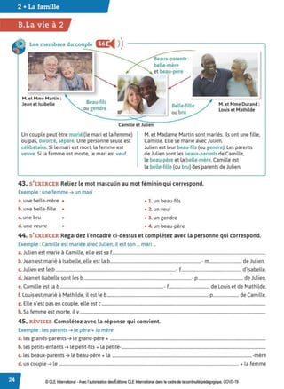 2 • La famille
B.La vie à 2
Les membres du couple E
◄ )
)
M. et Mme Martin :
Jean et Isabelle
Camille et Julien
Beaux-parents :
belle-mère
et beau-père
/
ou bru
M. et Mme Durand :
Louis et Mathilde
Un couple peut être marié (le mari et la femme)
ou pas, divorcé, séparé. Une personne seule est
célibataire.Si le mari est mort, la femme est
veuve. Si la femme est morte, le mari est veuf.
M. et Madame Martin sont mariés. Ils ont une fille,
Camille. Elle se marie avec Julien.
Julien est leur beau-fils (ou gendre). Les parents
de Julien sont les beaux-parents de Camille,
le beau-père et la belle-mère.Camille est
la belle-fille (ou bru) des parents de Julien.
43. S'EXERCER Reliez le mot masculin au mot féminin qui correspond.
Exemple : une femme ➔ un mari
a. une belle-mère • • 1. un beau-fils
b. une belle-fille • • 2. un veuf
c. une bru • • 3. un gendre
d. une veuve • • 4. un beau-père
44. S'EXERCER Regardez l'encadré ci-dessus et complétez avec la personne qui correspond.
Exemple: Camille est mariée avec Julien, il est son ... mari ...
a.Julien est marié à Camille, elle est sa f...................................................................................................................................................
b.Jean est marié à Isabelle, elle est la b.......................................................................................- m.............................. de Julien.
c. Julien est le b ...................................................................................................................- f........................................................ d'Isabelle.
d.Jean et Isabelle sont les b .......................................................................................................- p.......................................... de Julien.
e. Camille est la b ...................................................................................................- f...................................... de Louis et de Mathilde.
f. Louis est marié à Mathilde, il est le b.................................................................................................-p........................ de Camille.
g. Elle n'est pas en couple, elle est c .............................................................................................................................................................
h. Sa femme est morte, il v..................................................................................................................................................................................
45. RÉVISER Complétez avec la réponse qui convient.
Exemple : les parents ➔ le père+ la mère
a. les grands-parents ➔ le grand-père + .....................................................................................................................................................
b. les petits-enfants ➔ le petit-fils+ la petite-..........................................................................................................................................
c. les beaux-parents ➔ le beau-père+ la ......................................................................................................................................-mère
d. un couple ➔ le ............................................................................................................................................................................ + la femme
© CLE International -Avec l'autorisationdes Éditions CLEInternational dans le cadre dela continuité pédagogique, COVD-19
 