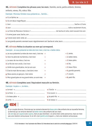 B. La vie à 2
46. RÉVISER Complétez les phrases avec les mots: famille, oncle, petits-enfants, femme,
enfants, neveu, fils, nièce, fille.
Exemple : Monsieur Siméon nous présente sa ... famille ...
a. Il y a Sylvie, sa .............................................................................................................................................................................................
b. Ils ont deux magnifiques ........................................................................................................................................................................
c. Leur .................................................................................................................................................................................... Sacha a 13 ans.
d. Leur .................................................................................................................................................................. Julie a seulement 8 ans.
e. Le frère de Monsieur Siméon, l'........................................................................ de Sacha et Julie, vient souvent les voir.
f. Il aime j ouer avec Sacha, son ..................................................................................................................................................................
g. 1l joue aussi avec Julie, sa ........................................................................................................................................................................
h. Les grands-parents viennent aussi régulièrement voir Sacha et Julie, leurs ..................................................................
47. RÉVISER Reliez la situation au nom qui correspond.
Exemple : Je vous présente la mère de mon mari, c'est ma ➔ belle-mère.
a. Je vous présente la mère de mon mari, c'est ma •
b. Voici le père de ma femme, c'est mon •
c. La sœur de ma mère, c'est ma •
d. Le fils de mon oncle, c'est mon •
e. Voilà mon grand-père, moi je suis son •
f. C'est le mari de ma sœur, c'est donc mon •
g. Nous avons un garçon, c'est notre •
h. Mon grand-père et ma grand-mère, ce sont mes •
48. RÉVISER Complétez avec l'équivalent masculin ou féminin.
Exemple : le père ➔ ... la mère ...
• 1. tante.
• 2. belle-mère.
• 3. beau-père.
• 4. fils.
• S. beau-frère.
• 6. grands-parents.
• 7. cousin.
• 8. petit-fils.
a. le mari ➔ ....................................................................................... e. l'oncle ➔ .......................................................................................
b. le frère ➔ ...................................................................................... f. le cousin ➔ .....................................................................................
c. le beau-père ➔ .......................................................................... g. le petit-fils ➔ ..............................................................................
d. le fils ➔ .......................................................................................... h.le neveu ➔ ....................................................................................
Si un couple divorce, l'homme qui se remarie devient le beau-père des enfants de sa nouvelle femme,
la femme qui se remarie devient la belle-mère des enfants de son mari.
Un ami (ou un copain/ une copine, mot un peu familier): on aime bien cette personne, mais ce n'est
pas une relation amoureuse. Si on dit «ton (petit) ami/ copain», c'est une relation amoureuse.
© CLE International -Avec l'autorisationdes Éditions CLEInternational dans lecadre dela continuitépédagogique, COVD-19
 