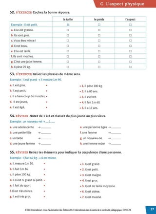 C. L'aspect physique
52. S'EXERCER Cochez la bonne réponse.
la taille le poids
Exemple : Il est petit. IZl □
a. Elle est grande. □ □
b. Ils sont gros. □ □
c. Vous êtes mince! □ □
d. Il est beau. □ □
e. Elle est laide. □ □
f. Ils sont moches. □ □
g. C'est une jolie femme. □ □
h. Il pèse 70 kg. □ □
53. S'EXERCER Reliez les phrases de même sens.
Exemple : Il est grand ➔ il mesure lm 90.
a. 1l est gros, •
b. Il est petit, •
c. Il a beaucoup de muscles, •
d. Il est jeune, •
e. Il est âgé, •
• 1. il pèse 100 kg.
•2. ila80ans.
• 3. il est fort.
• 4. il fait lm 60.
• S. il a 17 ans.
54. RÉVISER Notez de 1 à 8 et classez du plus jeune au plus vieux.
Exemple : un nouveau-né ➔ ..... 1 ......
a. une adolescente ➔ ................. e. une personne âgée ➔ .................
b. une petite fille ➔ ................. f. une femme ➔ .................
c. un bébé ➔ ................. g. un nouveau-né ➔ .................
d. une jeune femme ➔ ................. h. une femme mûre ➔ .................
55. RÉVISER Reliez les éléments pour indiquer la corpulence d'une personne.
Exemple : Il fait 60 kg. ➔ Il est mince.
a. Il mesure lm 50. • • 1. Il est grand.
b. Il fait lm 86. • • 2. Il est petit.
c. Il pèse 100 kg. • • 3. Il est maigre.
d. Il n'est ni grand ni petit. • • 4. Il est gros.
e. Il fait du sport. • • S. Il est de taille moyenne.
f. Il est très mince. • • 6. Il est obèse.
g. Il est très gros. • • 7. Il est musclé.
l'aspect
□
□
□
□
□
□
□
□
□
© CLEInternational -Avec l'autorisation des Éditions CLE International dans le cadre de la continuité pédagogique, COVD-19
 
