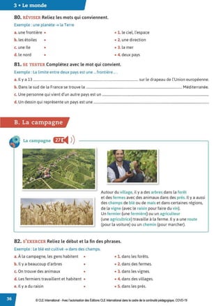 3 • Le monde
80. RÉVISER Reliez les mots qui conviennent.
Exemple : une planète ➔ la Terre
a. une frontière • • 1. le ciel, l'espace
b. les étoiles • • 2. une direction
c. une île • • 3. la mer
d. le nord • • 4. deux pays
81. SE TESTER Complétez avec le mot qui convient.
Exemple : La limite entre deux pays est une ...frontière... .
a. Il y a 13 .............................................................................................................................. sur le drapeau de l'Union européenne.
b. Dans le sud de la France se trouve la ................................................................................................................... Méditerranée.
c. Une personne qui vient d'un autre pays est un ................................................................................................................................
d. Un dessin qui représente un pays est une ...........................................................................................................................................
B. La campagne
La campagne fiir
◄ )
)
Autour du village, il y a des arbres dans la forêt
et des fermes avec des animaux dans des prés. Il y a aussi
des champs de blé ou de maïs et dans certaines régions,
de la vigne (avec le raisin pour faire du vin).
Un fermier (une fermière) ou un agriculteur
(une agricultrice) travaille à la ferme. Il y a une route
(pour la voiture) ou un chemin (pour marcher).
82. S'EXERCER Reliez le début et la fin des phrases.
Exemple : Le blé est cultivé ➔ dans des champs.
a.À la campagne, les gens habitent • • 1. dans les forêts.
b. Il y a beaucoup d'arbres • • 2. dans des fermes.
c. On trouve des animaux • • 3. dans les vignes.
d. Les fermiers travaillent et habitent • • 4. dans des villages.
e. Il y a du raisin • • 5. dans les prés.
© CLE International -Avec l'autorisationdes Éditions CLEInternational dans le cadre dela continuitépédagogique, COVD-19
 