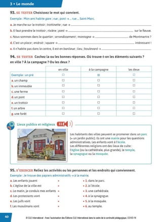 3 • Le monde
93. SE TESTER Choisissez le mot qui convient.
Exemple : Mon ami habite gare ; rue ; pont ➔ ... rue ... Saint-Marc.
a. Je marche sur le trottoir; trottinette ; rue ➔ .......................................................................................................................................
b. Il faut prendre le trottoir ; rivière ; pont ➔ ............................................................................................................. sur le fleuve.
c. Nous sommes dans le quartier ; arrondissement; montagne ➔ ........................................................ de Montmartre?
d C, 1 d · · · 1
. est un p ace ; en ro1t ; square ➔ ................................................................................................................................ mteressant.
e. Il n'habite pas dans le centre, il est en banlieue; lieu ; boulevard ➔ ...................................................................................
94. SE TESTER Cochez la ou les bonnes réponses. Où trouve-t-on les éléments suivants?
en ville? À la campagne? Ou les deux?
en ville à la campagne les deux
Exemple: un pré D ~ D
a. un champ D D D
b. un immeuble D D D
c. une ferme D D D
d. un pont D D D
e. un trottoir D D D
f. un arbre D D D
g. une forêt D D D
Lieux publics et religieux Er
◄ )
)
Les habitants des villes peuvent se promener dans un parc
(= un jardin public). Ils ont une mairie pour les questions
administratives. Les enfants vont à l'école.
Les différentes religions ont des lieux de culte:
l'église (ou la cathédrale, plus grande), le temple,
la synagogue ou la mosquée.
95. S'EXERCER Reliez les activités ou les personnes et les endroits qui conviennent.
Exemple :Je trouve des papiers administratifs ➔ à la mairie.
a. Les enfants jouent • • 1. dans le parc.
b. L'église de la ville est • • 2. à l'école.
c. Le matin, je conduis mes enfants • • 3. une cathédrale.
d. Les protestants vont • • 4. à la synagogue.
e. Les juifs vont • • S. à la mosquée.
f. Les musulmans vont • • 6. au temple.
© CLEInternational -Avec l'autorisation des Éditions CLE International dans le cadre de la continuité pédagogique, COVD-19
 
