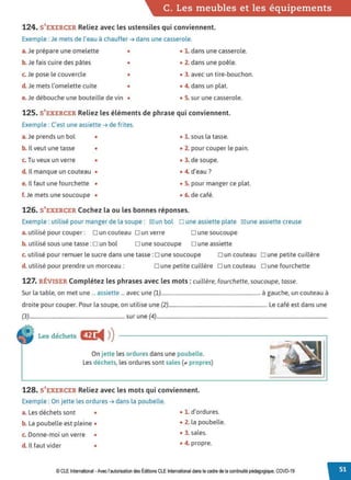 C. Les meubles et les équipements
124. S'EXERCER Reliez avec les ustensiles qui conviennent.
Exemple : Je mets de l'eau à chauffer➔ dans une casserole.
a.Je prépare une omelette • • 1. dans une casserole.
b. Je fais cuire des pâtes • • 2. dans une poêle.
c. Je pose le couvercle • • 3. avec un tire-bouchon.
d. Je mets l'omelette cuite • • 4. dans un plat.
e. Je débouche une bouteille de vin • • S. sur une casserole.
125. S'EXERCER Reliez les éléments de phrase qui conviennent.
Exemple : C'est une assiette➔ de frites.
a. Je prends un bol • • 1. sous la tasse.
b. Il veut une tasse • • 2. pour couper le pain.
c. Tu veux un verre • • 3. de soupe.
d. Il manque un couteau • • 4. d'eau?
e. Il faut une fourchette •
f. Je mets une soucoupe •
• S. pour manger ce plat.
• 6. de café.
126. S'EXERCER Cochez la ou les bonnes réponses.
Exemple : utilisé pour manger de la soupe: ~un bol □ une assiette plate ~une assiette creuse
a. utilisé pour couper: □ un couteau □ un verre □ une soucoupe
b. utilisé sous une tasse: □ un bol □ une soucoupe □ une assiette
c. utilisé pour remuer le sucre dans une tasse: □ une soucoupe □ un couteau □ une petite cuillère
d. utilisé pour prendre un morceau: □ une petite cuillère □ un couteau □ une fourchette
127. RÉVISER Complétez les phrases avec les mots: cuillère, fourchette, soucoupe, tasse.
Sur la table, on met une ... assiette ... avec une (1)........................................................................... à gauche, un couteau à
droite pour couper. Pour la soupe, on utilise une (2).......................................................................... Le café est dans une
(3)........................................................................ sur une (4).................................................................................................................................
Les déchets Cfe
◄ )
)
On jette les ordures dans une poubelle.
Les déchets, les ordures sont sales (;,e propres)
128. S'EXERCER Reliez avec les mots qui conviennent.
Exemple : On jette les ordures ➔ dans la poubelle.
a. Les déchets sont • • 1. d'ordures.
b. La poubelle est pleine • • 2. la poubelle.
c. Donne-moi un verre • • 3. sales.
d. Il faut vider • • 4. propre.
© CLE International -Avec l'autorisationdes Éditions CLE International dans le cadre de la continuité pédagogique, COVD-19
 