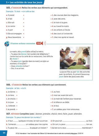 5 • Les activités de tous les jours
165. S'EXERCER Reliez les verbes aux éléments qui correspondent.
Exemple : Tu bois ➔ un café au bar.
a. Il prend • • 1. des courses dans les magasins.
b. Il fait • • 2. avec des amis.
c. Elle suit • • 3. le train à la gare.
d. Je rentre • • 4. au travail le matin.
e. Il part • • S. les enfants à l'école.
f. Elle accompagne • • 6. des cours à l'université.
g. Nous bavardons • • 7. chez moi après le travail.
D'autres actions courantes &1:
◄ )
)----------------------.
Le matin, elle prend (elle utilise) le métro.
- Tu peux me donner ton numéro de téléphone ?
J'aime tout sur la carte de ce restaurant, c'est difficile
de choisir !
- Tu peux tenir (garder dans ta main) ce stylo un
moment, s'il te plaît?
- Vous attendez le bus ?
- Oui, il va arriver.
La jeune fille au pair fait des activités
avec les enfants. Ils aiment beaucoup
jouer (faire des jeux) avec elle.
166. S'EXERCER Reliez les verbes aux éléments qui conviennent.
Exemple : Je fais ➔ le lit.
a. Je donne • • 1. au foot.
b. Je tiens • • 2. mon sac avant de sortir.
c. Je choisis • • 3. la main de l'enfant pour traverser.
d. Je joue • • S. le biberon au bébé.
e.J'attends • • 6. le bus.
f. Je prends • • 7. un cadeau pour mon amoureux.
167. RÉVISER Complétez avec: donner, prendre, choisir, tenir, faire, jouer, attendre.
Exemple : Tu peux me donner ton numéro?
a. Il faut ............. quelques minutes, le train va arriver. d. On pourrait ................................................................ au foot.
b. J'aimerais ........................ un cadeau pour ma copine. e. On sort, tu peux ....................................................... ton sac.
T l . ? f Q' . ?
c. u peux me ................................ e paquet un instant . . u est-ce tu veux ......................................... maintenant .
© CLEInternational -Avec l'autorisationdes Éditions CLE International dans le cadre de la continuité pédagogique, COVD-19
 