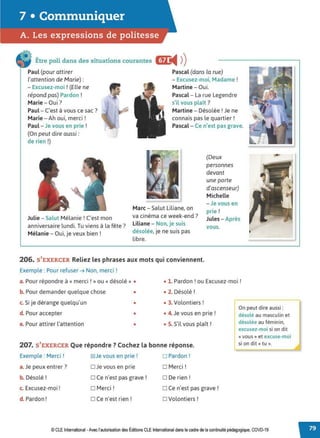 7 • Communiquer
A. Les expressions de politesse
Être poli dans des situations courantes
Paul (pour attirer
l'attention de Marie):
- Excusez-moi ! {Elle ne
répond pas) Pardon !
Marie- Oui?
Paul - C'est à vous ce sac ?
Marie -Ah oui, merci !
Paul - Je vous en prie !
{On peut dire aussi :
de rien !)
Pascal (dans la rue)
- Excusez-moi, Madame !
Martine - Oui.
Pascal - La rue Legendre
s'il vous plaît ?
Martine - Désolée ! Je ne
connais pas le quartier!
Pascal - Ce n'est pas grave.
(Deux
personnes
devant
Julie - Salut Mélanie! C'est mon
anniversaire lundi. Tu viens à la fête?
Mélanie - Oui, je veux bien !
Marc - Salut Liliane, on
va cinéma ce week-end?
Liliane - Non, je suis
désolée, je ne suis pas
libre.
une porte
d'ascenseur)
Michelle
- Je vous en
prie !
Jules- Après
vous.
206. S'EXERCER Reliez les phrases aux mots qui conviennent.
Exemple : Pour refuser➔ Non, merci !
a. Pour répondre à « merci ! »ou« désolé» • • 1. Pardon ! ou Excusez-moi !
b. Pour demander quelque chose • • 2. Désolé!
c. Si je dérange quelqu'un • • 3. Volontiers !
d. Pour accepter • • 4. Je vous en prie !
e. Pour attirer l'attention • • S. S'il vous plaît !
207. S'EXERCER Que répondre ?Cochez la bonne réponse.
Exemple : Merci ! ~ Je vous en prie ! D Pardon!
a. Je peux entrer ? D Je vous en prie D Merci!
b. Désolé! D Ce n'est pas grave ! D De rien!
c. Excusez-moi ! □ Merci! □ Ce n'est pas grave!
d. Pardon! D Ce n'est rien ! D Volontiers !
On peut dire aussi :
désolé au masculin et
désolée au féminin,
excusez-moi si on dit
« vous » et excuse-moi
si on dit « tu ».
© CLE International -Avec l'autorisation des Éditions CLE International dans le cadre de la continuité pédagogique, COVD-19
 