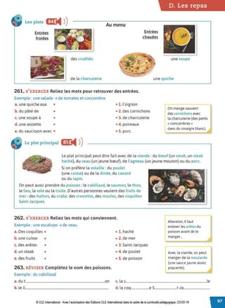 Les plats Gr
◄ )
)
Entrées
froides
Au menu
des crudités
Entrées
chaudes
D. Les repas
une soupe
de la charcuterie une quiche
261. S'EXERCER Reliez les mots pour retrouver des entrées.
Exemple : une salade➔ de tomates et concombre
a. une quiche aux • • l. l'oignon
b. du pâté de • • 2. des cornichons
c. une soupe à • • 3. de charcuterie
d. une assiette • • 4. poireaux
e. du saucisson avec • • S. porc
Le plat principal E
◄ )
)
!Onmange souvent
des cornichons avec
la charcuterie (des petits
« concombres »
dans du vinaigre blanc).
Le plat principal peut être fait avec de la viande :du bœuf (un steak, un steak
haché), du veau (un jeune bœuf), de l'agneau (un jeune mouton) ou du porc.
Si on préfère la volaille : du poulet
(une cuisse) ou de la dinde, du canard
ou du lapin.
On peut aussi prendre du poisson : le cabillaud, le saumon, le thon,
le lieu, la sole ou la truite. D'autres personnes veulent des fruits de
mer :des huîtres, du crabe, des crevettes, des moules, des coquilles
Saint-Jacques.
262. S'EXERCER Reliez les mots qui conviennent.
Exemple : une escalope ➔ de veau
a. Des coquilles •
b. une cuisse •
c. des arêtes •
d. un steak •
e. des fruits •
263. RÉVISER Complétez le nom des poissons.
Exemple : du cabillaud
• 1. haché
• 2. de mer
• 3. Saint-Jacques
• 4. de poulet
• S. de poisson
Attention, il faut
enlever les arêtes du
poisson avant de le
manger...
Avec la viande, on peut
manger de la moutarde
(une sauce jaune assez
piquante).
a.du t................................................................................................on c. la s..................................................................................................le
b. le li..................................................................................................... d. la coq......................e S...........................t-Ja................................
© CLE International -Avec l'autorisationdes Éditions CLE International dans le cadre de la continuité pédagogique, COVD-19
 