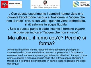 Ma allora...il fumo cos'è? Perchè si
forma?
 Con questo esperimento i bambini hanno visto che
durante l’ebollizione l’acqua si trasforma in “acqua che
non si vede” che, a sua volta, quando viene raffreddata,
si ritrasforma in acqua liquida.
 Solo a questo punto è stato inserito il termine vapore
acqueo per indicare “l’acqua che non si vede”.
Anche qui i bambini hanno risposto individualmente, poi dopo la
successiva discussione collettiva hanno compreso che il fumo è una
mescolanza di vapore acqueo e goccioline piccolissime di acqua. Il suo
nome è nebbia e si forma perchè l'aria che si trova sopra il becher è
fredda ed è in grado di condensare in parte il vapore acqueo che esce
dall'acqua.
 