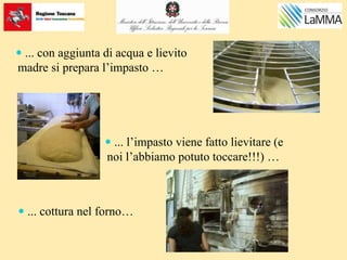  ... con aggiunta di acqua e lievito
madre si prepara l’impasto …
 ... l’impasto viene fatto lievitare (e
noi l’abbiamo potuto toccare!!!) …
 ... cottura nel forno…
 