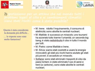 2) Ipotizziamo per un attimo che nel mondo tutti i
problemi legati al cibo e ai cambiamenti climatici
siano stati risolti: come è stato possibile?
Questa è stata considerata
la domanda più difficile...
… le risposte sono state
molto fantasiose!
 