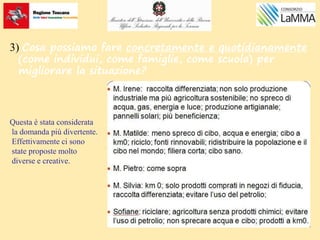 3) Cosa possiamo fare concretamente e quotidianamente
(come individui, come famiglie, come scuola) per
migliorare la situazione?
Questa è stata considerata
la domanda più divertente.
Effettivamente ci sono
state proposte molto
diverse e creative.
 