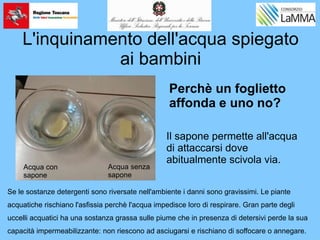 L'inquinamento dell'acqua spiegato
ai bambini
Perchè un foglietto
affonda e uno no?
Il sapone permette all'acqua
di attaccarsi dove
abitualmente scivola via.
Acqua con
sapone
Acqua senza
sapone
Se le sostanze detergenti sono riversate nell'ambiente i danni sono gravissimi. Le piante
acquatiche rischiano l'asfissia perchè l'acqua impedisce loro di respirare. Gran parte degli
uccelli acquatici ha una sostanza grassa sulle piume che in presenza di detersivi perde la sua
capacità impermeabilizzante: non riescono ad asciugarsi e rischiano di soffocare o annegare.
 