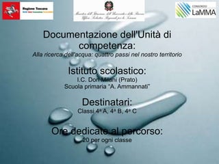 Documentazione dell'Unità di
competenza:
Alla ricerca dell'acqua: quattro passi nel nostro territorio
Istituto scolastico:
I.C. Don Milani (Prato)
Scuola primaria “A. Ammannati”
Destinatari:
Classi 4a A, 4a B, 4a C
Ore dedicate al percorso:
20 per ogni classe
 